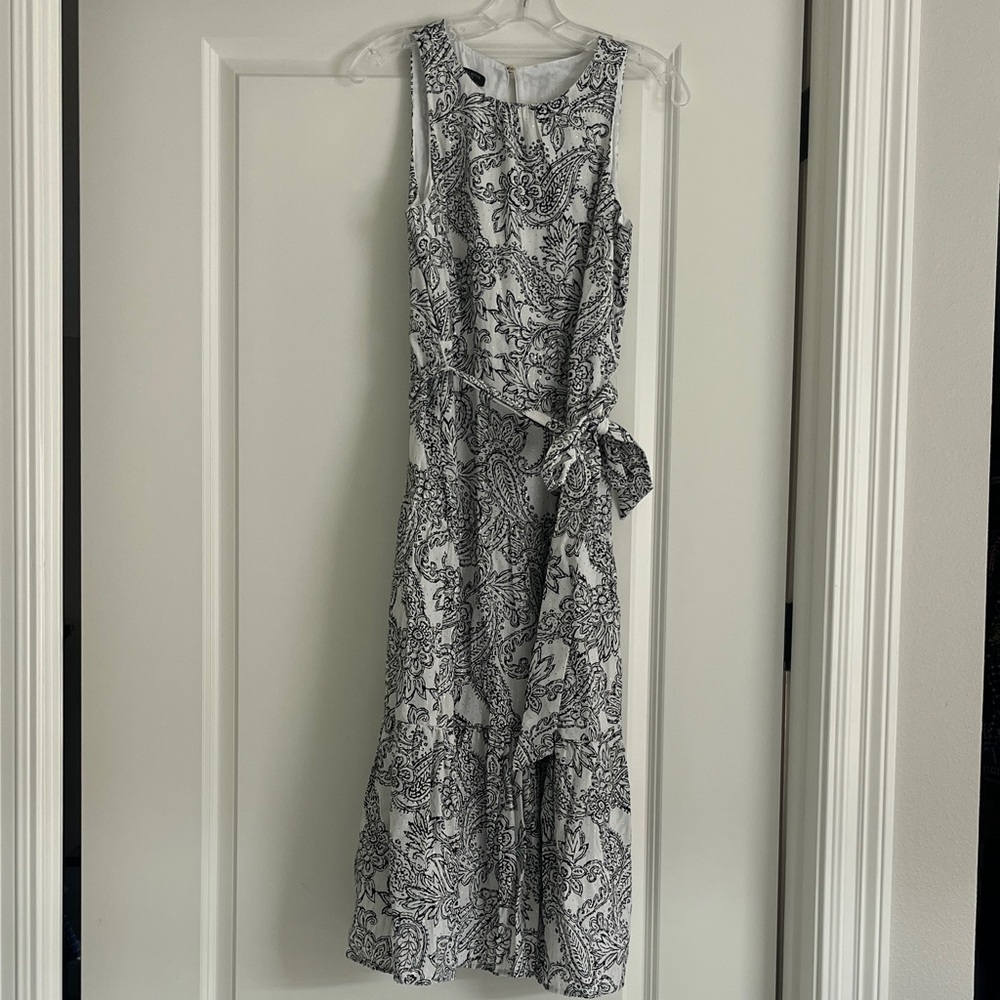 Talbots Black and White Floral Midi Dress with Gold Accents
